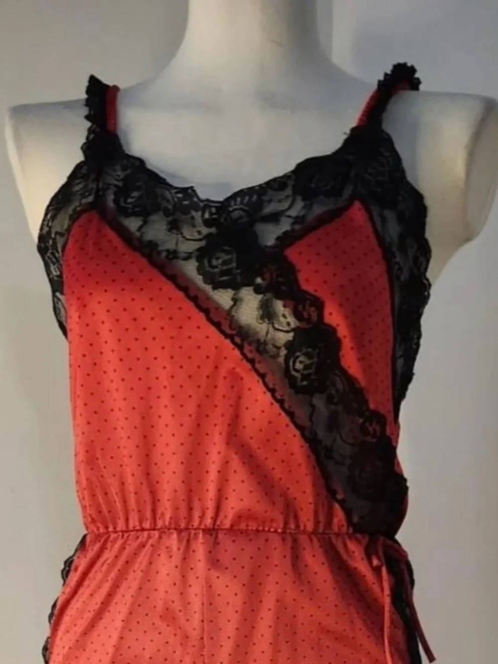 Vintage Petra Fashions Lingerie Babydoll Jumpsuit Red/Black Polka Dot Lace Trim